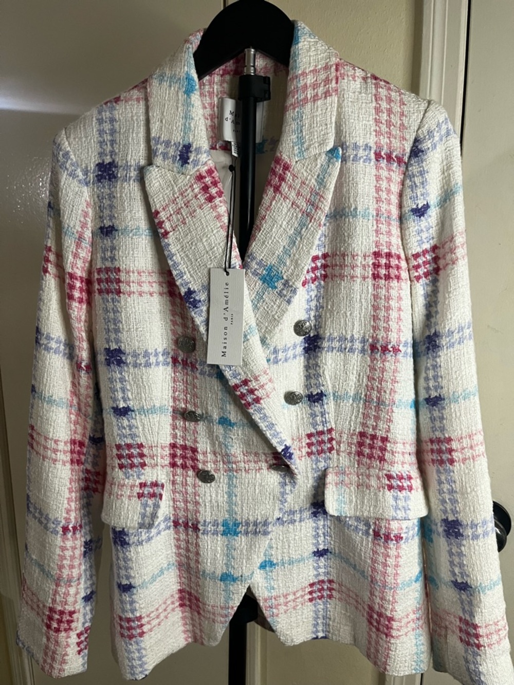 Maison d'Amélie White Plaid Double-Breasted Tweed Blazer